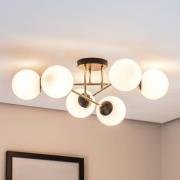 EMIBIG LIGHTING Taklampa Magnum, 6 lampor, opalvit/guld/svart, glas