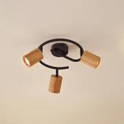Lindby takspotlight Stralino, 3 lampor, Ø31cm, trä, GU10
