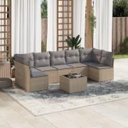 vidaXL Matgrupp för trädgården med dynor 8 delar beige konstrotting