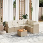 vidaXL Matgrupp för trädgården med dynor 7 delar beige konstrotting