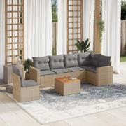 vidaXL Matgrupp för trädgården med dynor 7 delar beige konstrotting