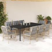 vidaXL Matgrupp för trädgården med dynor 9 delar mixbeige konstrotting