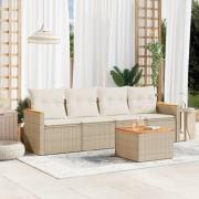 vidaXL Soffgrupp för trädgården med dynor 5 delar beige konstrotting