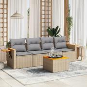 vidaXL Soffgrupp för trädgården med dynor 5 delar beige konstrotting