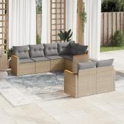 vidaXL Matgrupp för trädgården med dynor 7 delar beige konstrotting