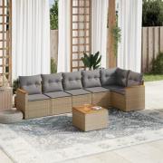 vidaXL Matgrupp för trädgården med dynor 7 delar beige konstrotting