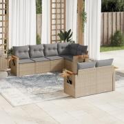 vidaXL Matgrupp för trädgården med dynor 7 delar beige konstrotting
