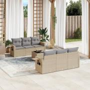 vidaXL Matgrupp för trädgården med dynor 7 delar beige konstrotting