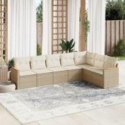 vidaXL Matgrupp för trädgården med dynor 7 delar beige konstrotting