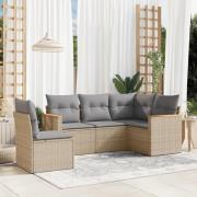 vidaXL Soffgrupp för trädgården med dynor 5 delar beige konstrotting