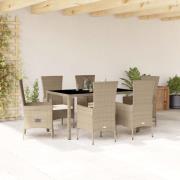 vidaXL Matgrupp för trädgården med dynor 7 delar beige konstrotting