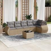 vidaXL Matgrupp för trädgården med dynor 7 delar beige konstrotting