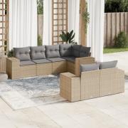 vidaXL Matgrupp för trädgården med dynor 7 delar beige konstrotting