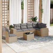 vidaXL Matgrupp för trädgården med dynor 7 delar beige konstrotting