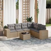 vidaXL Matgrupp för trädgården med dynor 7 delar beige konstrotting