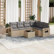 vidaXL Matgrupp för trädgården med dynor 7 delar beige konstrotting