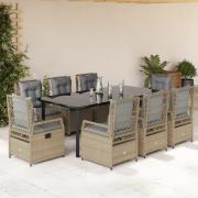 vidaXL Matgrupp för trädgården med dynor 9 delar beige konstrotting