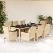 vidaXL Matgrupp för trädgård med dynor 9 delar beige konstrotting&glas