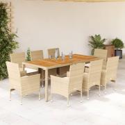 vidaXL Matgrupp för trädgården med dynor 9 delar beige konstrotting