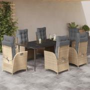vidaXL Matgrupp för trädgården med dynor 7 delar beige konstrotting