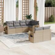 vidaXL Matgrupp för trädgården med dynor 7 delar beige konstrotting