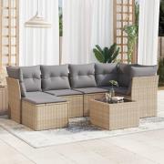 vidaXL Matgrupp för trädgården med dynor 7 delar beige konstrotting