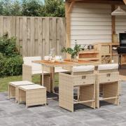 vidaXL Matgrupp för trädgården med dynor 9 delar beige konstrotting