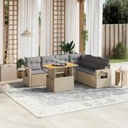 vidaXL Matgrupp för trädgården med dynor 7 delar beige konstrotting