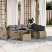 vidaXL Matgrupp för trädgården med dynor 7 delar beige konstrotting