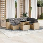 vidaXL Matgrupp för trädgården med dynor 8 delar beige konstrotting