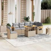 vidaXL Matgrupp för trädgården med dynor 7 delar beige konstrotting