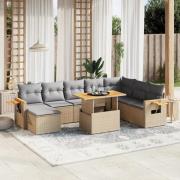 vidaXL Soffgrupp för trädgården med dynor 9 delar beige konstrotting