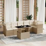 vidaXL Matgrupp för trädgården med dynor 7 delar beige konstrotting