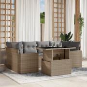 vidaXL Matgrupp för trädgården med dynor 7 delar beige konstrotting