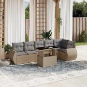 vidaXL Matgrupp för trädgården med dynor 7 delar beige konstrotting