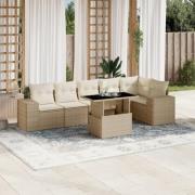 vidaXL Matgrupp för trädgården med dynor 7 delar beige konstrotting