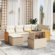 vidaXL Matgrupp för trädgården med dynor 7 delar beige konstrotting