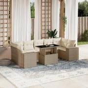 vidaXL Matgrupp för trädgården med dynor 8 delar beige konstrotting