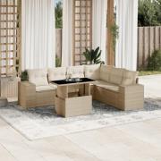 vidaXL Matgrupp för trädgården med dynor 7 delar beige konstrotting