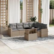 vidaXL Matgrupp för trädgården med dynor 7 delar beige konstrotting