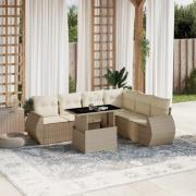 vidaXL Matgrupp för trädgården med dynor 7 delar beige konstrotting
