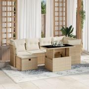 vidaXL Matgrupp för trädgården med dynor 7 delar beige konstrotting