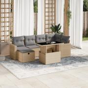 vidaXL Matgrupp för trädgården med dynor 7 delar beige konstrotting