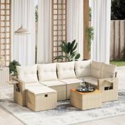 vidaXL Matgrupp för trädgården med dynor 7 delar beige konstrotting