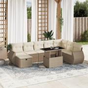 vidaXL Soffgrupp för trädgården med dynor 9 delar beige konstrotting