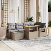 vidaXL Matgrupp för trädgården med dynor 7 delar beige konstrotting