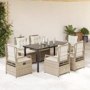 vidaXL Matgrupp för trädgården med dynor 7 delar beige konstrotting