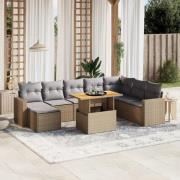 vidaXL Soffgrupp för trädgården med dynor 9 delar beige konstrotting