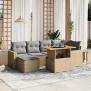 vidaXL Matgrupp för trädgården med dynor 7 delar beige konstrotting