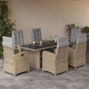 vidaXL Matgrupp för trädgården med dynor 7 delar beige konstrotting
